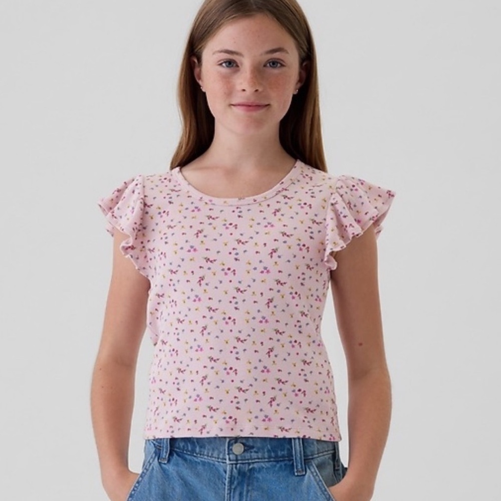 Pink Floral Ribbed Top Flutter Sleeve - Picture 6 of 6